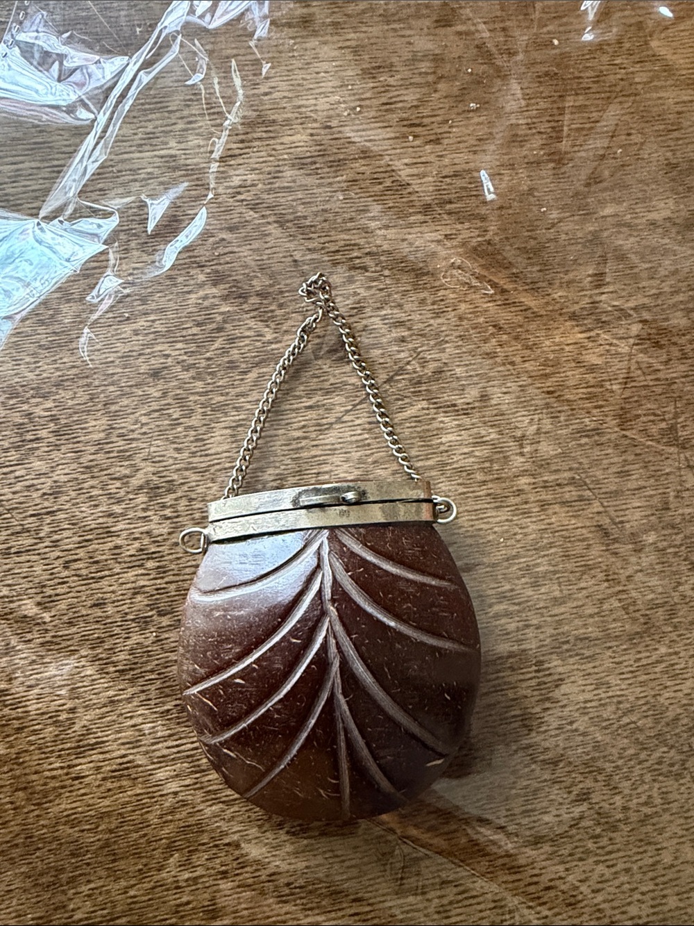Carved Brown Leaf Evening Clutch with Gold Chain